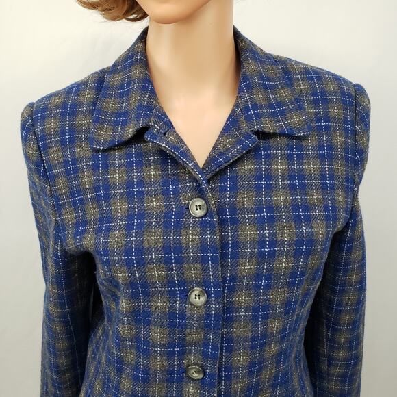 Vintage Joan Leslie Wool Blazer Jacket Blue Gray Plaid Lined Petite 12P / M - Picture 3 of 11